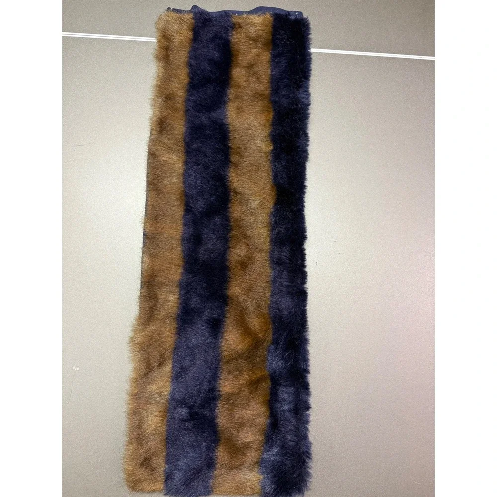 LOFT Ann Taylor Faux Fur Striped Scarf Navy Blue Brown Snap Closure Neck Warmer